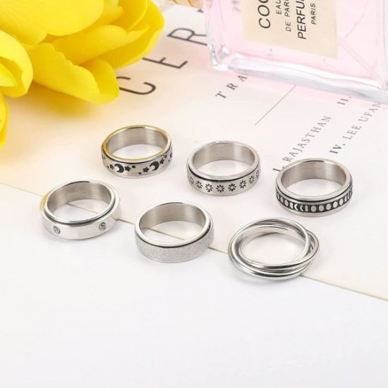 6Pcs Stainless Spinner Rings Set For Women Mens CZ Matte Flower Triple Interlocked Rolling Stress Relieving Ring Anxiety Relief Fidget Band Rings